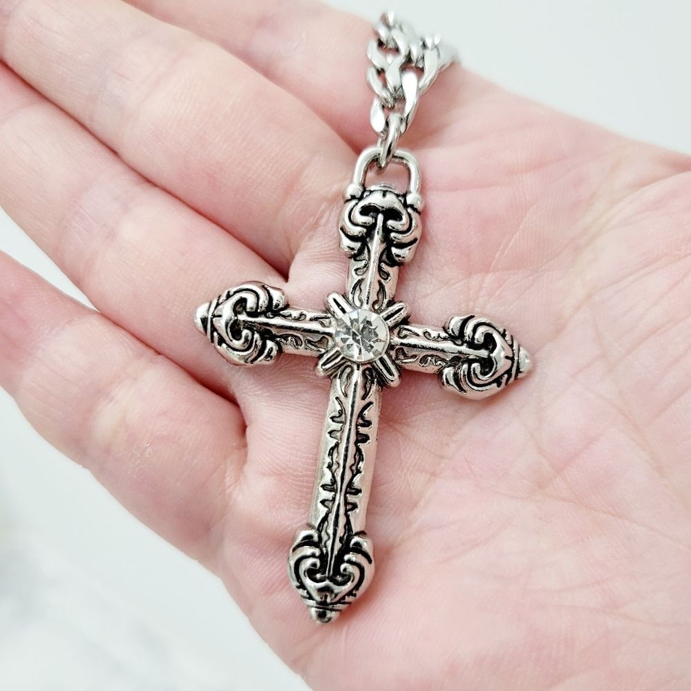 Brand New Silver Cross With Clear Stone Necklace